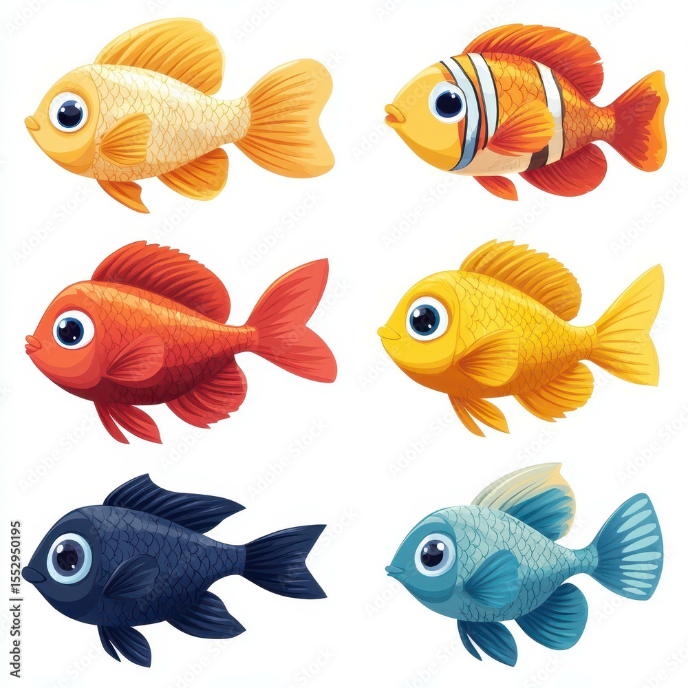 Fototapeta premium Colorful cartoon fish swimming in a playful arrangement featuring various species and shades in an aquatic theme