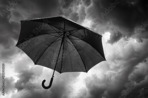 Dramatic image of an umbrella caught in a gust of wind during a storm.