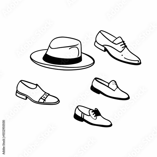 Doodle Illustration of Menswear Fedora Hat and Various Styles of Dress Shoes