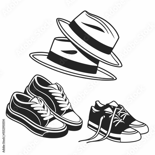 Two Hats and Two Pairs of Sneakers in Black and White Illustration