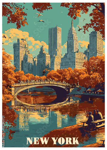 New York Central Park Bridge Vector Illustration