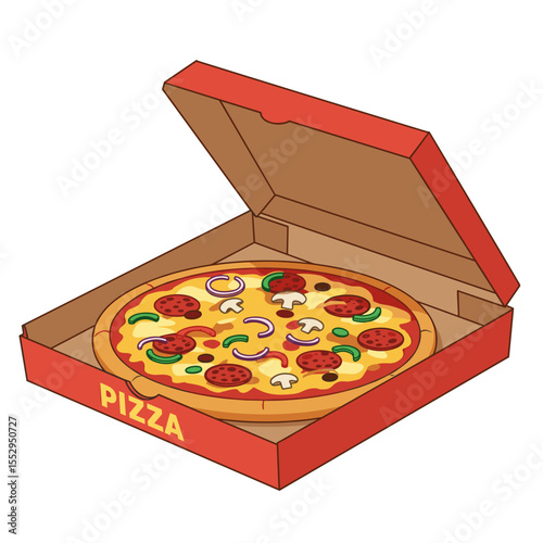 Pizza in an open box with assorted toppings, vector illustration
