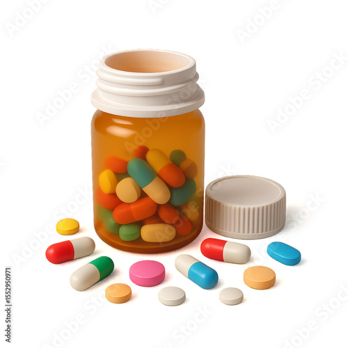 Colorful Pills Display in Open Bottle on White Background