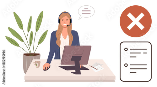 Woman wearing headset at computer desk with rejection sign, checklist, coffee, and potted plant. Ideal for customer support, rejection, workflow, service issues, communication helpline workplace