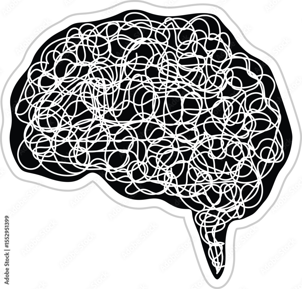 Fototapeta premium Black Brain Silhouette with White Tangled Lines
