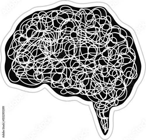 Black Brain Silhouette with White Tangled Lines