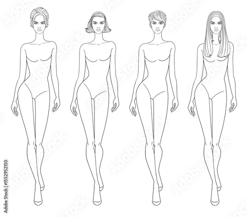 Fashion outline sketch croquis figurines female body walking with different hairs in vector.