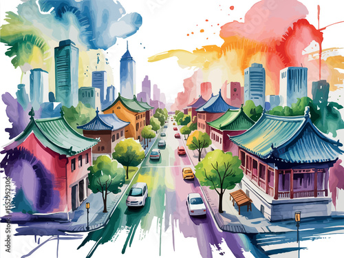  watercolor painting blends modern and traditional architecture in a beautiful cityscape. Traditional Chinese-style buildings line a bustling street that leads towards a contemporary city skyline