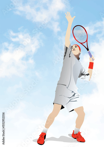 037-02-Professional tennis player executing a powerful serve against a backdrop of blue sky and white clouds