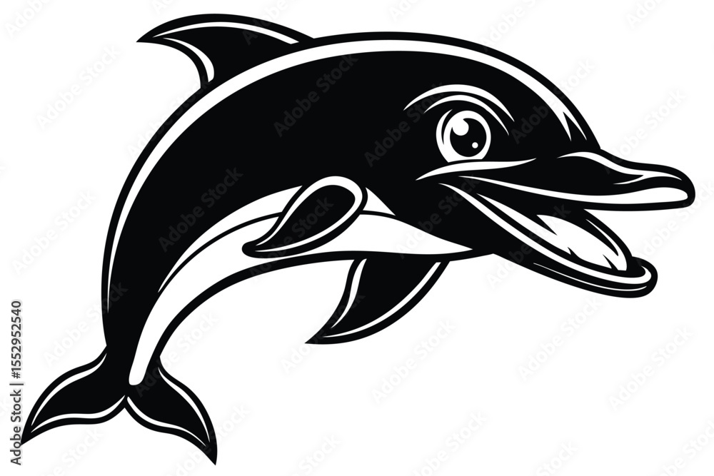 Fototapeta premium Cheerful black and white cartoon dolphin with an open mouth swims joyfully