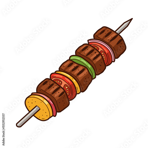 Kebab skewer with grilled meat and vegetables in bold brown and bright color fills, vector illustration