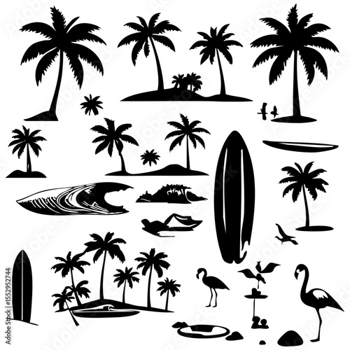 Tropical Beach and Surf Vector Set – Palm Trees, Waves, Surfboards, Van, Flamingos & Ocean Elements in Bold Black Silhouette Style