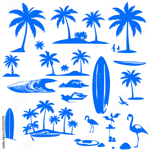 Tropical Beach and Surf Vector Set – Palm Trees, Waves, Surfboards, Van, Flamingos & Ocean Elements in Bold Black Silhouette Style 