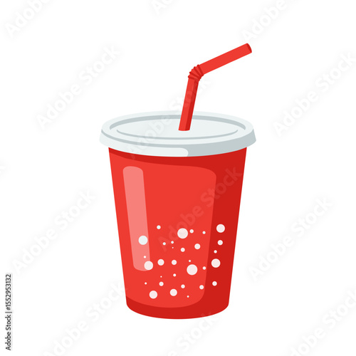Cup of soda with red straw and bubbles in a classic red and white takeaway cup design