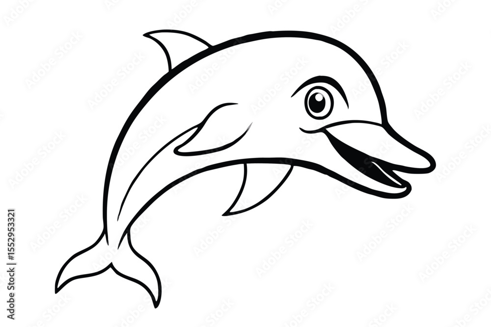 Fototapeta premium Outline of a smiling dolphin showcases its dorsal fin, flippers, and charming eye