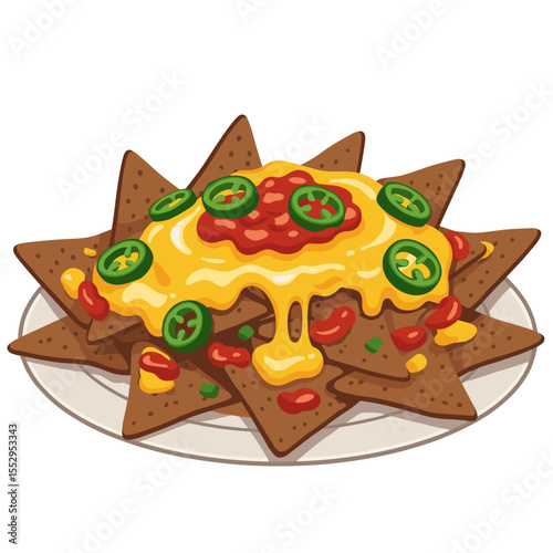 Nachos with melted cheese, jalapenos, and salsa on a plate, vector illustration