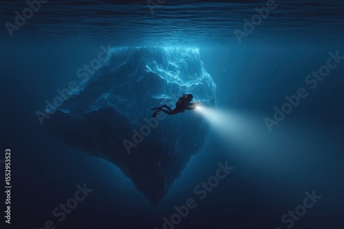 illustration of scuba diver with torch illuminating the dark side of the iceberg underwater, surreal mind concept 