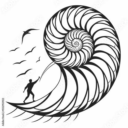 Man reaching for birds on a nautilus shell illustration in black and white