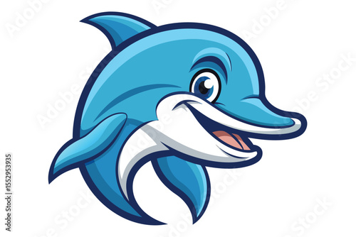 Cheerful cartoon dolphin with bright blue gradient smiles broadly showing its tongue on white background