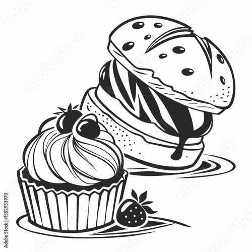 Black and White Dessert Illustration with Cupcake Strawberry and Stacked Macarons