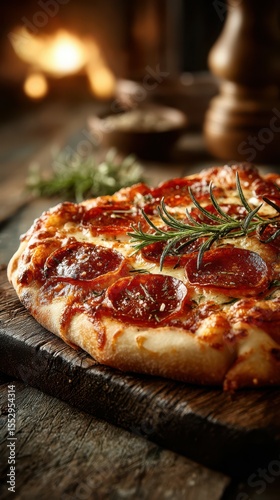 Delicious pepperoni pizza with fresh herbs served on rustic wooden table in cozy warm setting