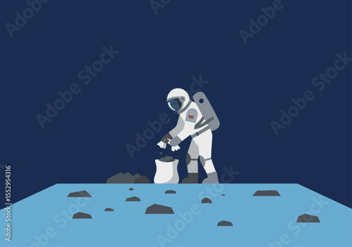 Astronaut collects lunar rocks in a simple, modern illustration. A clean, dark background highlights the space exploration theme. Suitable for tech, science, and space-related projects.