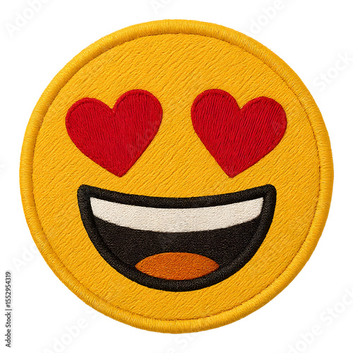 Embroidery patch of love emoji with heart-shaped eyes and a love expression on transparent background