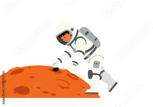 An astronaut collects a lunar sample on a textured, orange Martian landscape. A clean, modern illustration style highlights the exploration theme.