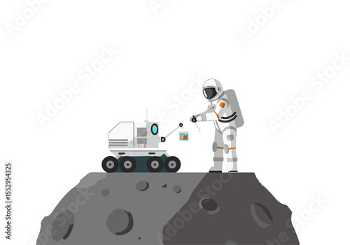 Astronaut collects lunar sample with robotic arm on a rocky moonscape. Clean, modern illustration. Perfect for space, science, and technology themes.