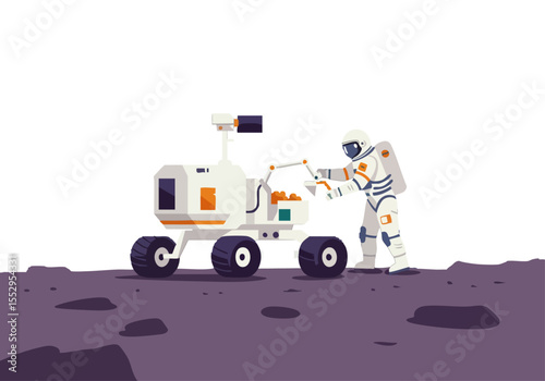 Astronaut collects lunar samples with rover on the moon's surface Clean modern illustration with a focus on exploration and scientific discovery Suitable for educational and promotional use