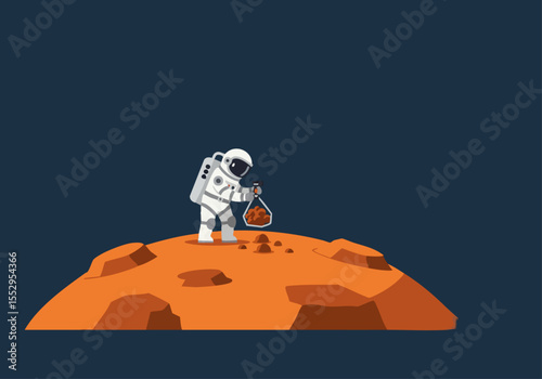 Astronaut collects Martian soil sample on a red planet landscape. Bold design, explore concept. Suitable for science, space, and adventure themes.