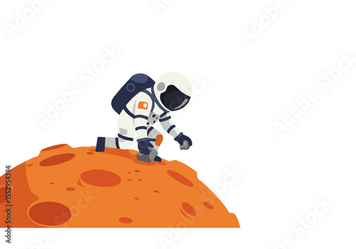 Astronaut collects a sample on a lunar surface. A clean, modern illustration with a bright, minimalist aesthetic. Perfect for space, science, and technology themes.