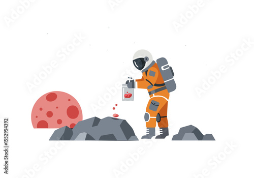 Astronaut collects a sample on a red planet, highlighting a lunar landscape. A vibrant, stylized illustration evokes exploration and discovery.