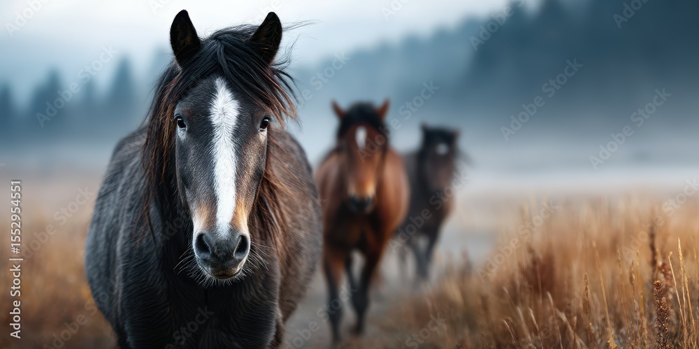 Fototapeta premium Horses wander through a misty meadow at dawn, showcasing natural beauty and serene atmosphere in a calm landscape