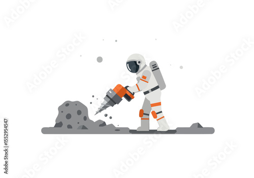 Astronaut drills lunar rock, showcasing a detailed space exploration scene. Clean, modern illustration style. Perfect for science, technology, and space-themed projects.