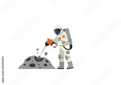 Astronaut drills a lunar sample, showcasing a detailed space exploration scene. Clean, modern illustration with a dark background and a focus on scientific activity.