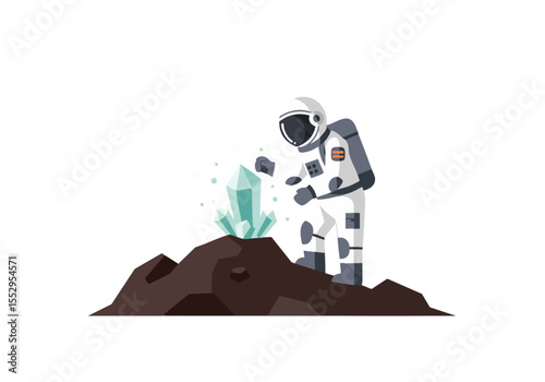 An astronaut examines a crystal on a rocky planet. A vibrant, modern illustration with a focus on exploration and scientific discovery. Perfect for tech, space, and science themes.