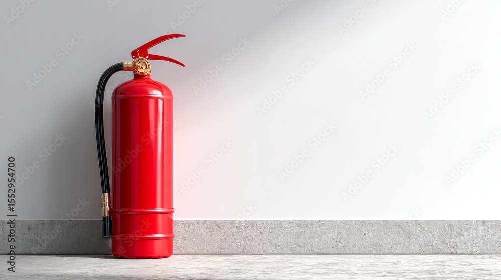 Fototapeta premium Red fire extinguisher positioned near a white wall with space for text