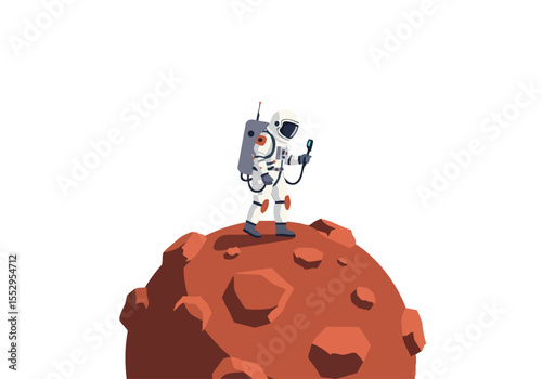 An astronaut explores a red planet, conducting a data walk. A striking, minimalist illustration with a focus on space exploration and scientific discovery.