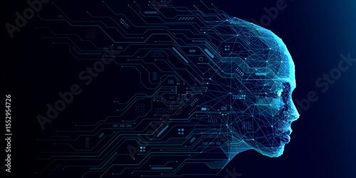 AI Humanoid Face Concept. Technology Digital Robot Head Side View with Circuit Board Components. Tech Blue Background. Artificial Intelligence Agent or Assistant Concept. Vector Digital Illustration.
