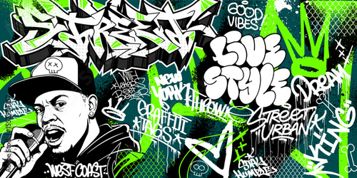 Graffiti background vector with throw-up, tagging hand-drawn, spray paint effect, drips style. Illustration Street art graffiti urban theme for prints, banners, and wall art.