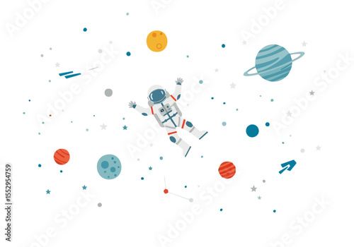 An astronaut floats amidst planets and stars in a vibrant, stylized space scene. A visually appealing and modern design perfect for digital backgrounds and illustrations.