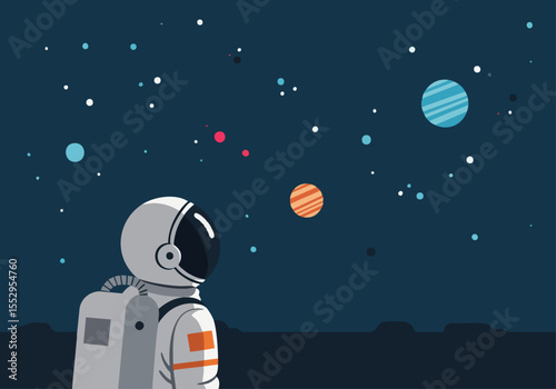 An astronaut gazes at planets in a dark, starry sky. A modern, minimalist design with a focus on space exploration and wonder. Suitable for tech, science, and travel themes.