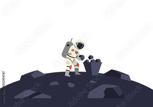 astronaut gathers rocks on desolate alien planet A minimalist modern illustration with a muted color palette evokes a sense of exploration and discovery Suitable for science space and adventure themes