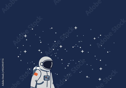 An astronaut gazes at a starry expanse, evoking a sense of wonder and exploration. A minimalist design with a dark blue background and scattered stars creates a captivating visual.
