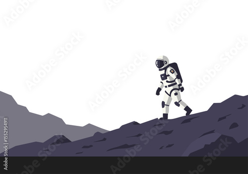 Astronaut Nav Rocky explores a Martian landscape. A minimalist, modern illustration with a solitary figure against a muted, rocky backdrop. Suitable for space, exploration, and technology themes.