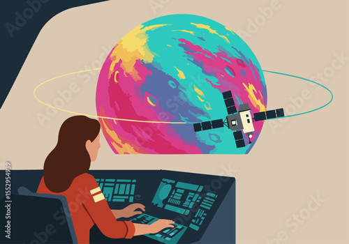 A female astronaut monitors a satellite orbiting a vibrant, stylized planet. She works at a control panel, showcasing a futuristic space station setting. Bold colors and a clean design.