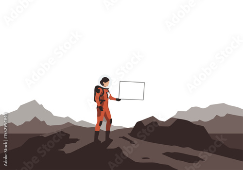 Astronaut monitors data on a Martian landscape, pointing to a holographic display. A modern, stylized illustration evokes exploration and scientific discovery.