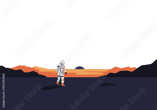 An astronaut stands on a desolate Martian landscape, gazing at a rising sun. A minimalist, modern illustration evokes exploration and discovery. Suitable for tech, space, and adventure themes.