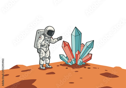 An astronaut points to glowing crystal formations on a Martian landscape. A striking, surreal illustration with a vibrant color palette. Perfect for science, space, and fantasy themes.
